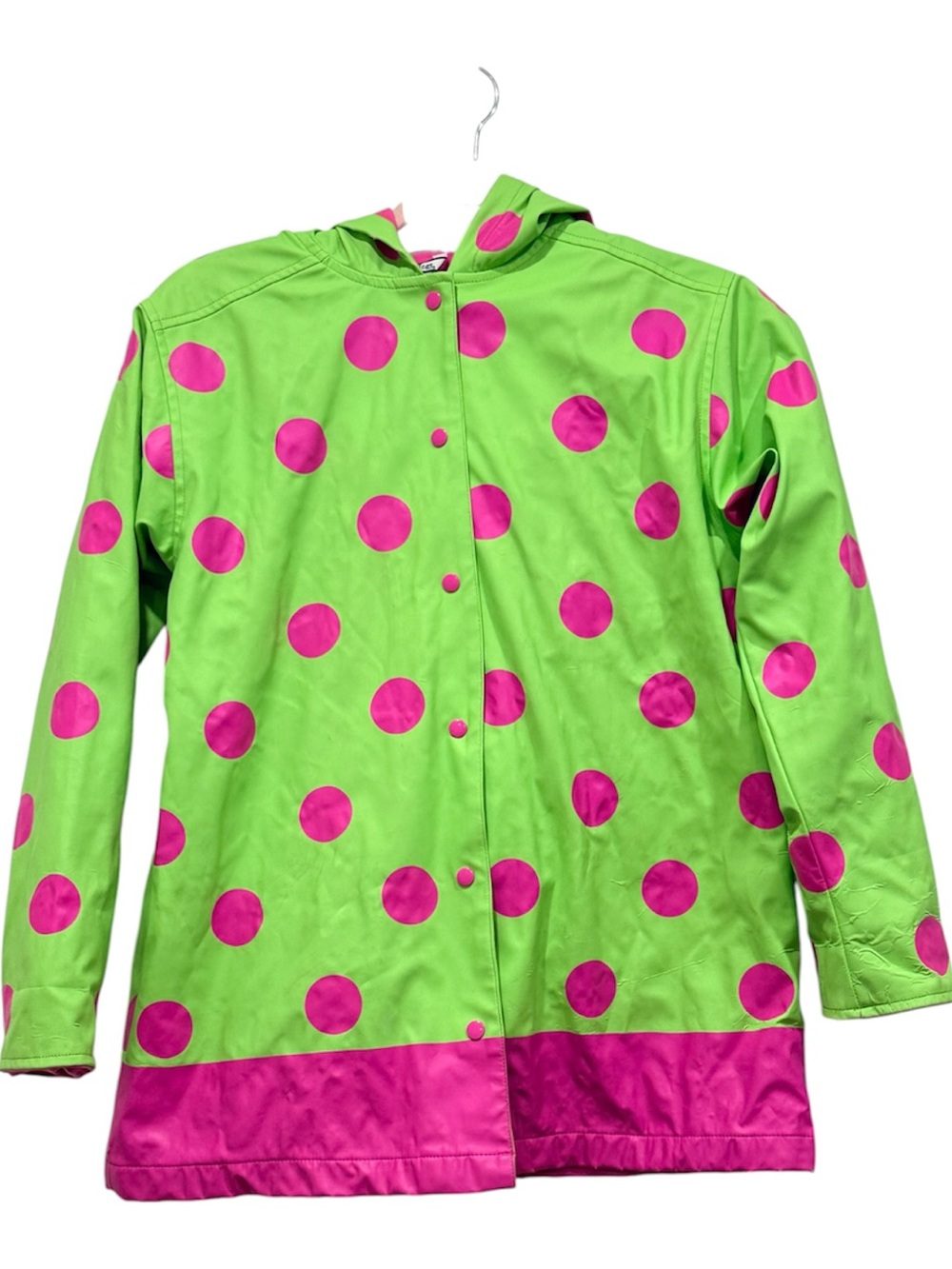 Hartstrings Girls Bright green Pink polka dot rain coat Jacket size 7-8